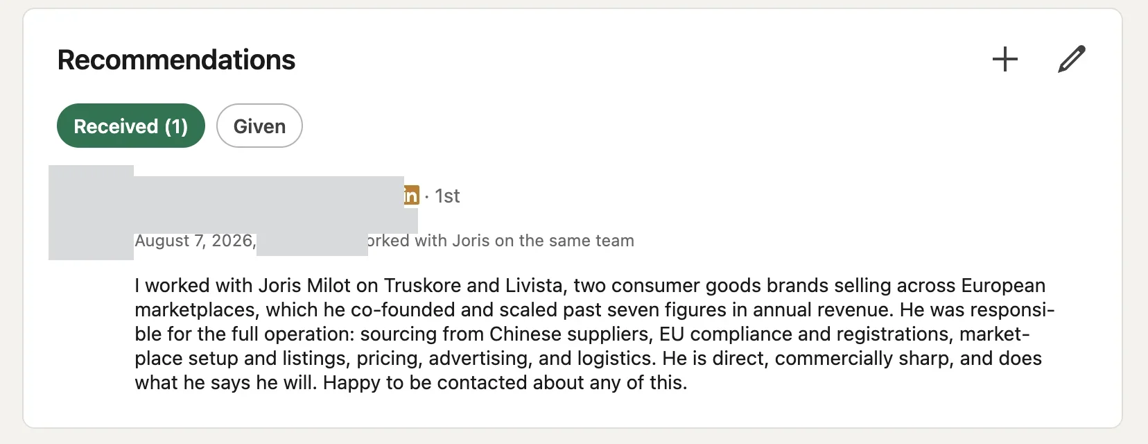 LinkedIn 推荐原文截图，推荐人姓名与公司已隐去